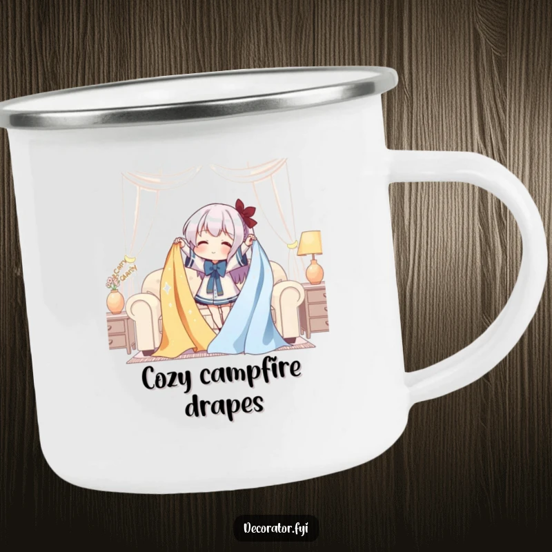 Funny Camp Mug: A character gleefully drapes shimmering fabric over furniture during a stylish outdoor setting.