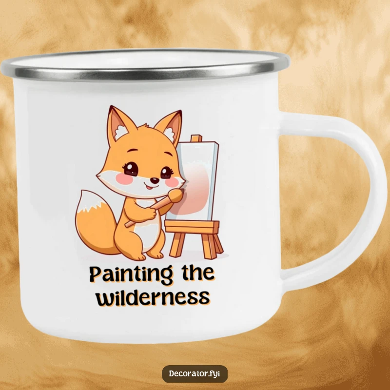 Funny camping mug with a smiling fox holding a paintbrush, inspiring creative thoughts during outdoor adventures.