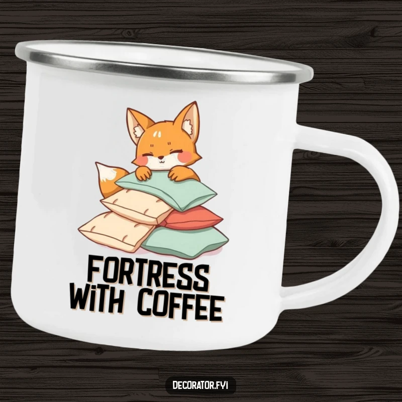 Funny mischievous fox winking while arranging cushions, ideal for a cozy and humorous camping mug.