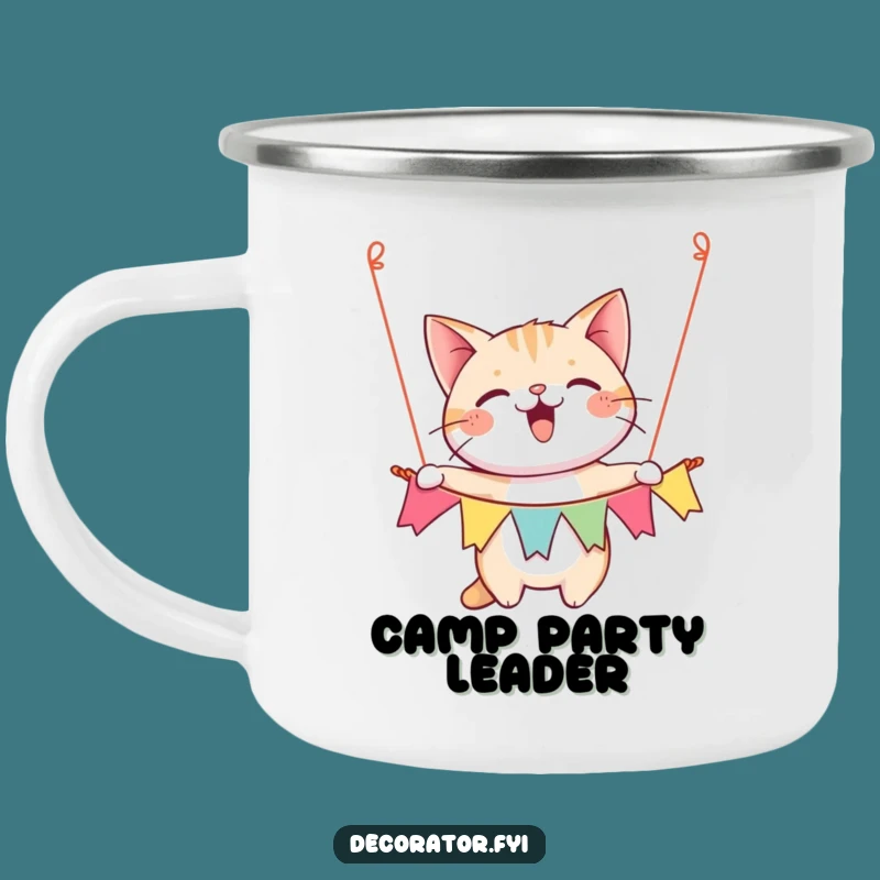 Funny Happy Cat Banner Camping Mug, Hilarious Party Outdoor Gift, Festive Feline Mug