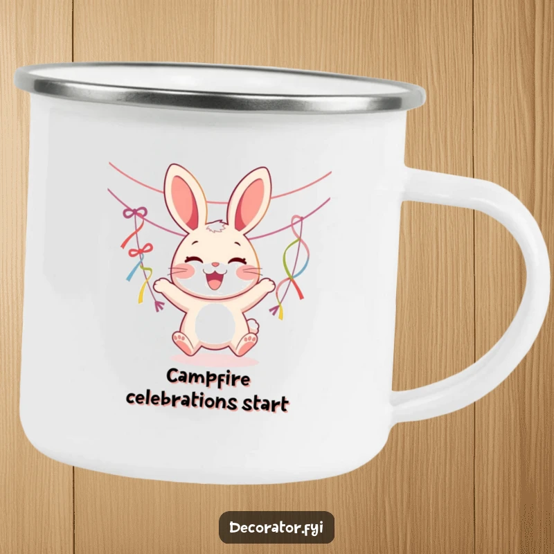 Funny camping mug with a joyous rabbit character hanging streamers, robust for outdoor parties and cheer.