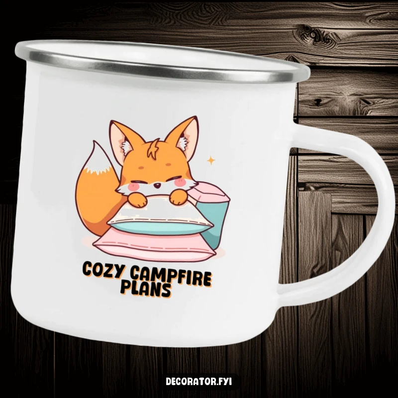 Funny camping mug with a mischievous fox character arranging cushions, built tough for cozy outdoor fun.