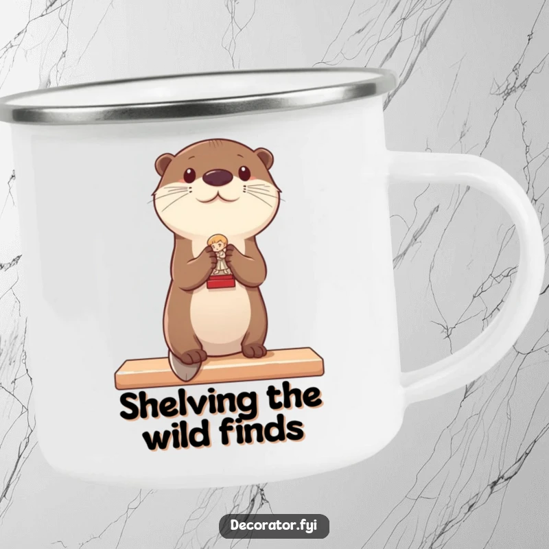 Funny camping mug with an otter carefully placing a tiny statue on a shelf, inspiring stylish and organized outdoor adventures.