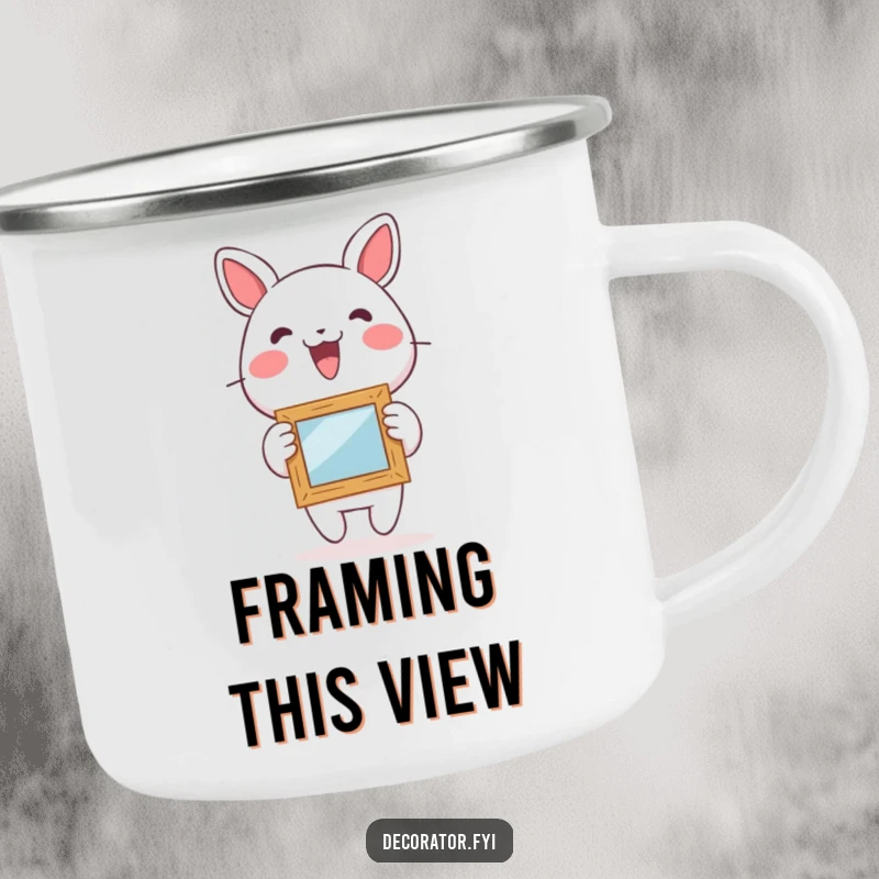 Funny camping mug with a lively character excitedly hanging a small, whimsical picture frame, perfect for outdoor art enthusiasts.
