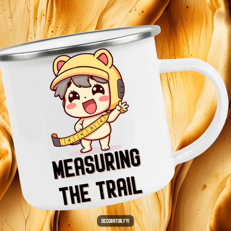 Funny Camping Mug: A delighted character using a tape measure with exaggerated enthusiasm, ready for the outdoors.