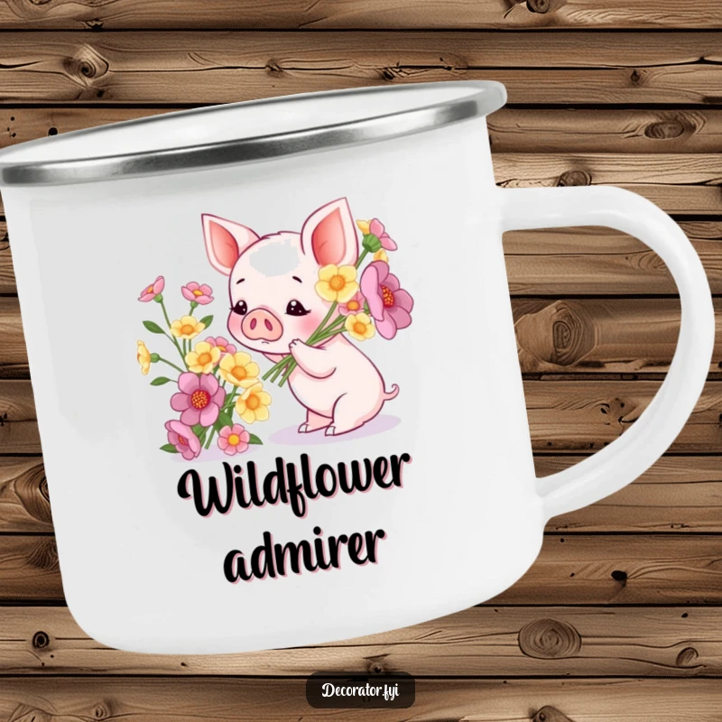 Funny camping mug featuring a piglet admiring a bouquet of flowers, ideal for outdoor enthusiasts who appreciate nature and humor.