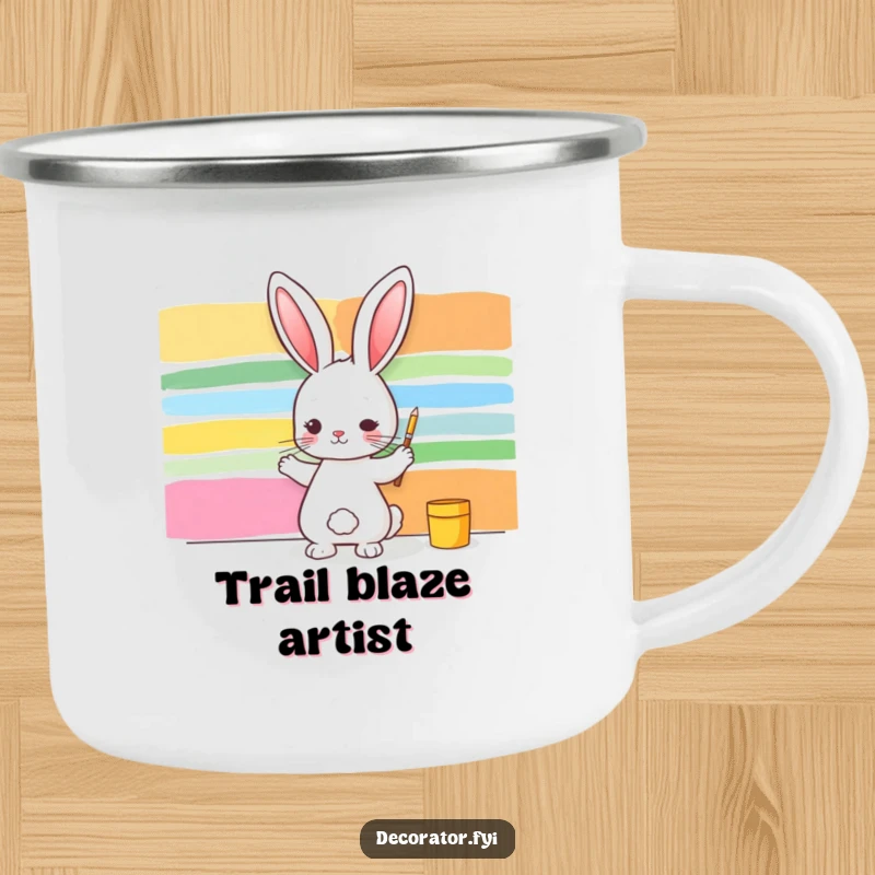 Funny camping mug featuring a rabbit artist painting vibrant stripes on a wall, ideal for outdoor enthusiasts who enjoy humor.