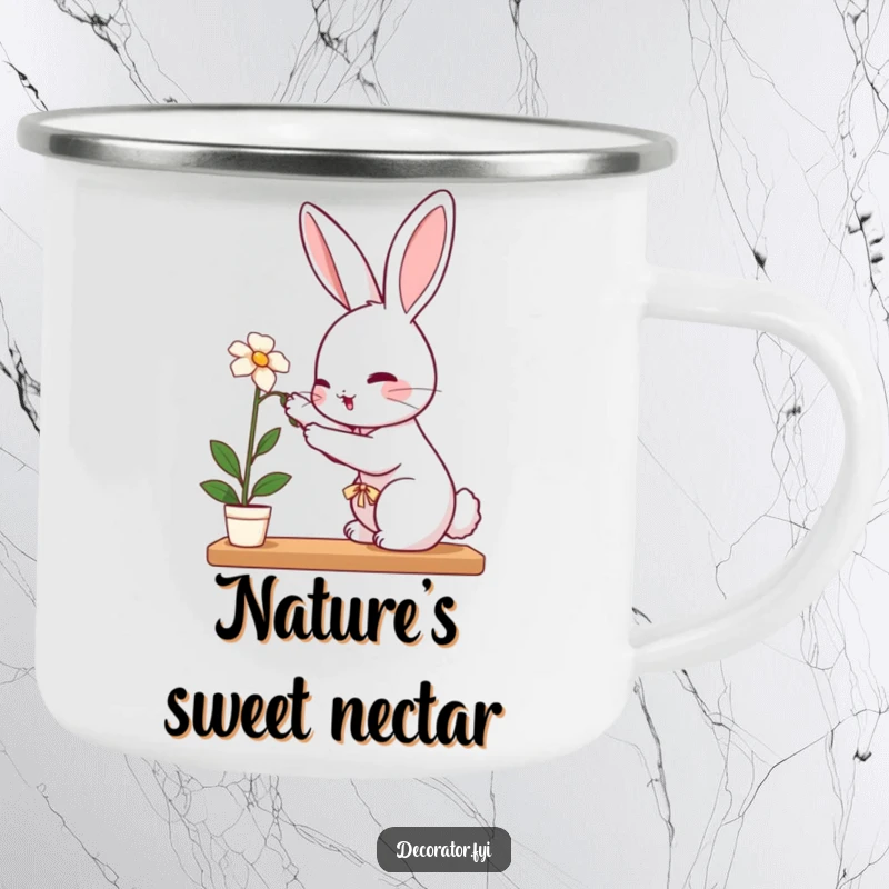 Funny rabbit camping mug featuring a perky rabbit carefully placing a delicate flower on a shelf, tending to nature.