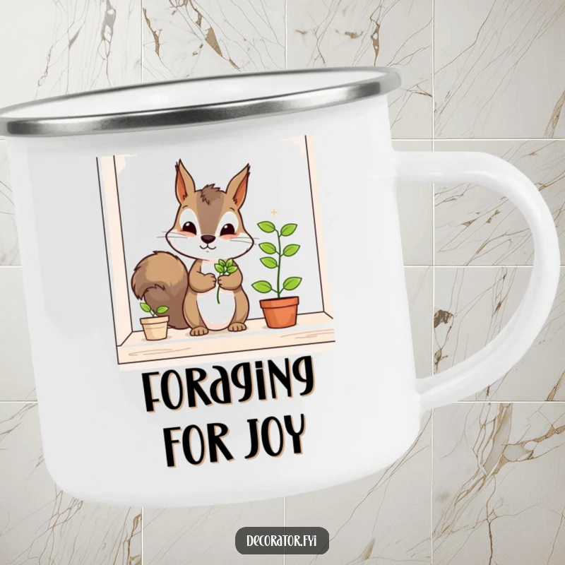 Funny squirrel camping mug, a determined character carefully placing a tiny plant on a shelf, perfect for outdoor adventures with a humorous touch.