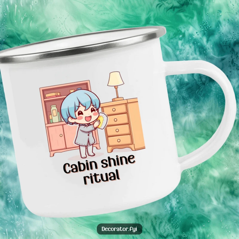 Funny content character polishing furniture on a sturdy camping mug, celebrating domestic bliss on the go.