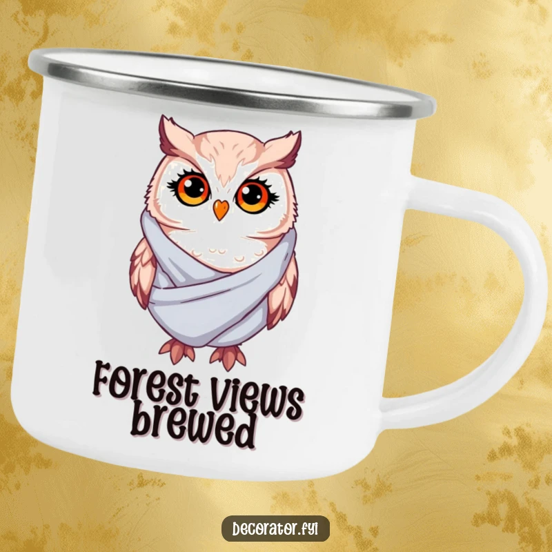Funny Camping Mug: A whimsical owl with twinkling eyes drapes soft fabric, perfect for humorous outdoor sipping.
