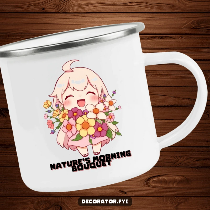 Funny camping mug featuring a joyful character proudly holding a stunning floral arrangement, perfect for outdoor refreshment and cheer.