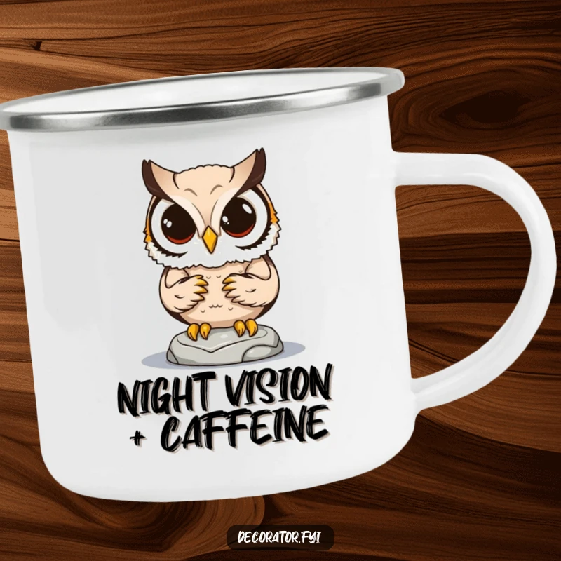 Funny camping mug featuring a determined owl character meticulously placing a small statue, rugged and humorous.