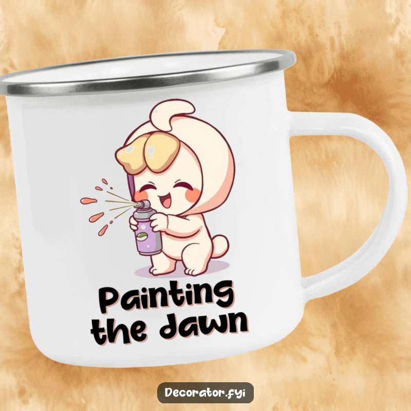 Funny camping mug featuring a giggling character playfully spritzing paint, great for outdoor enthusiasts.