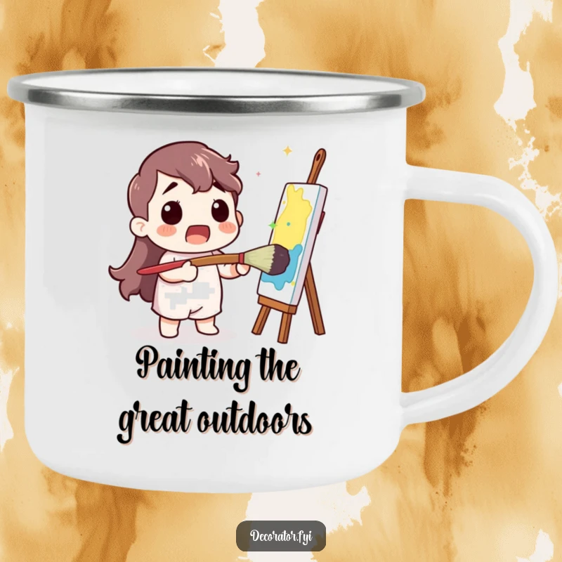 Funny Camp Mug: A surprised character artistically paints with a large brush, adding a splash of color outdoors.