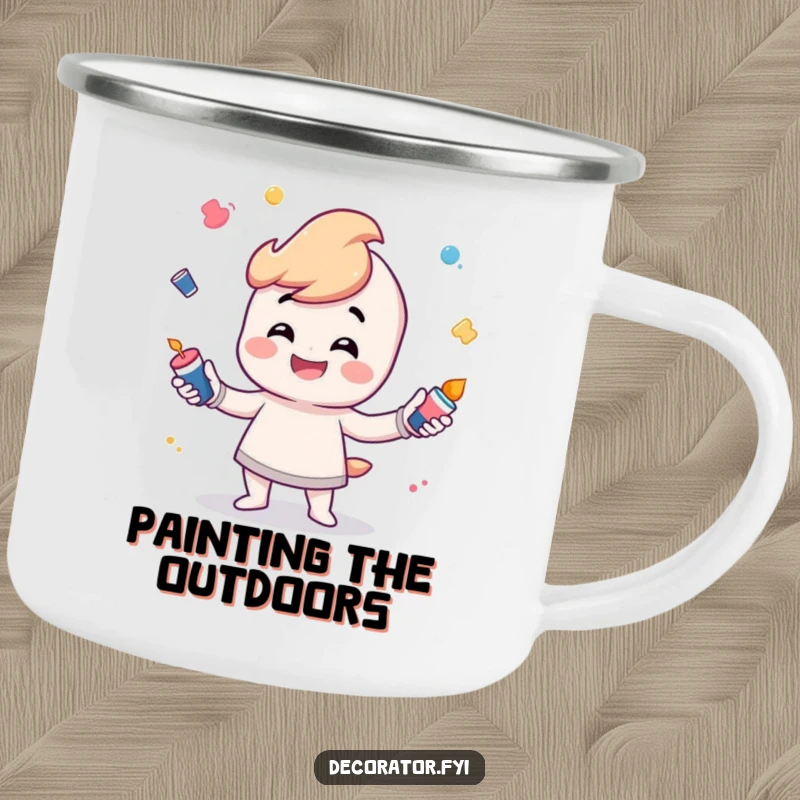 Funny Camping Mug with a grinning character playfully juggling small paint pots, perfect for art sessions outdoors.
