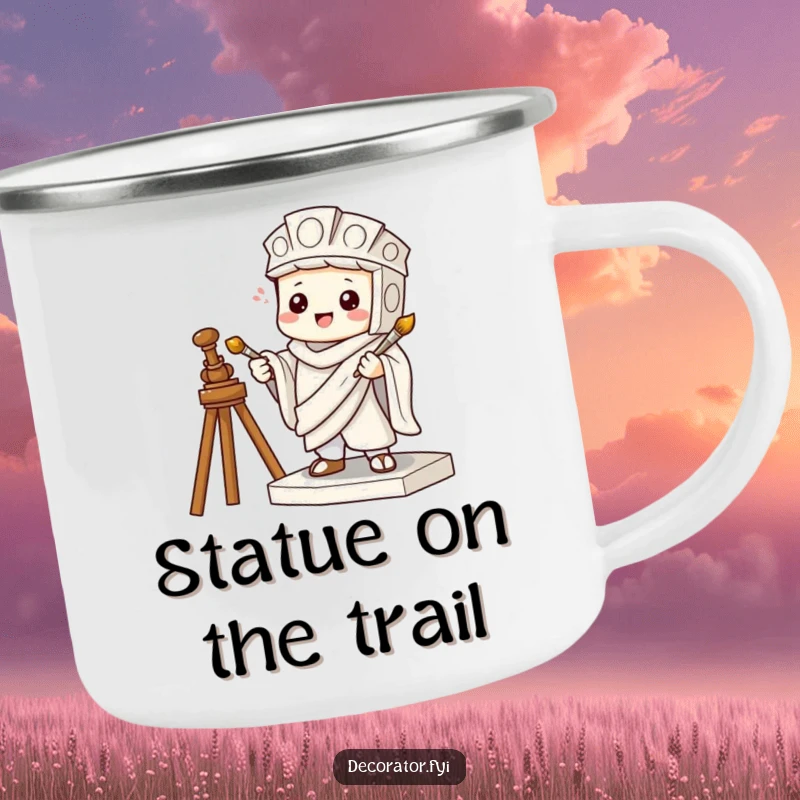 Funny camping mug with a mischievous character pretending to be a statue holding a tiny paintbrush, for stealthy enjoyment.