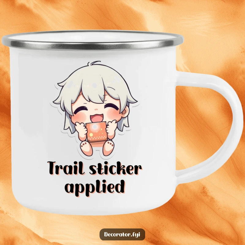 Funny camping mug with a character joyfully applying a shiny sticker to a surface, perfect for enjoying beverages outdoors with a humorous, decorative touch.