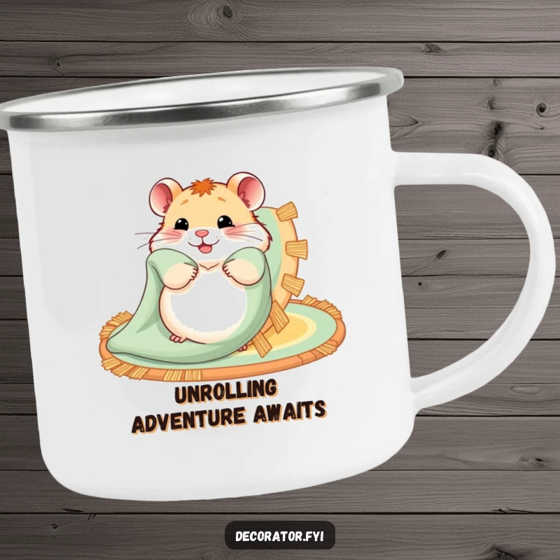 Funny camping mug with a hamster happily unfurling a patterned rug, inspiring cozy moments during outdoor adventures.