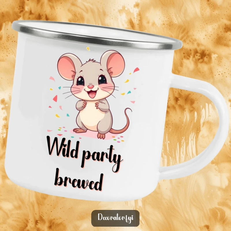 Funny mouse camping mug with a cheerful mouse scattering confetti, perfect for enjoying drinks during outdoor celebrations or camping trips.
