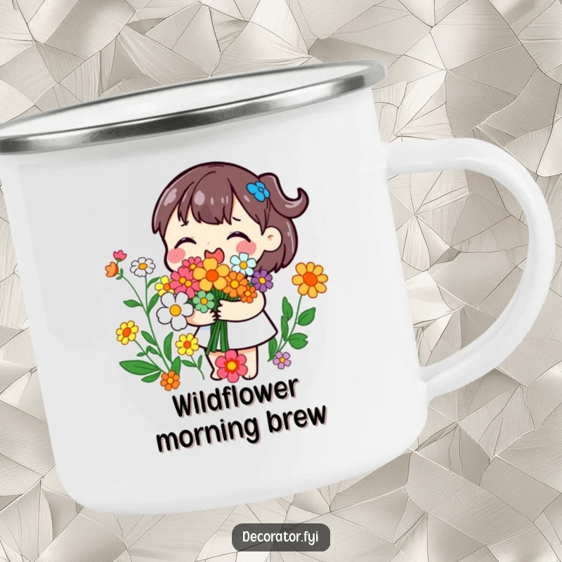 Funny camping mug featuring a playful character joyfully arranging colorful flowers into a bouquet, ideal for outdoor gardeners.