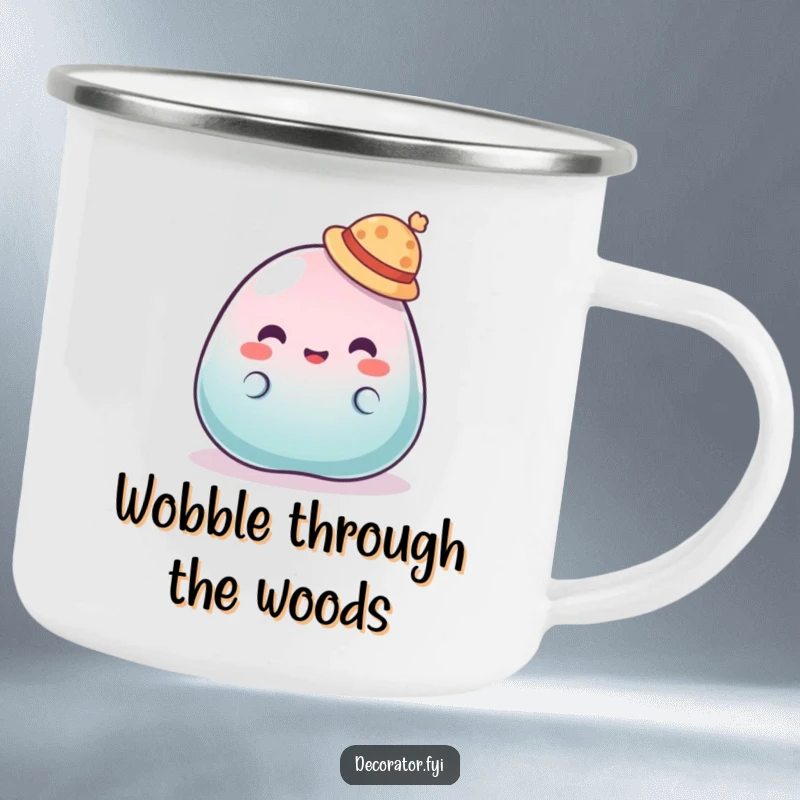 Funny camping mug depicting a wobbly jelly character trying to wear a tiny hat, perfect for adding cheer to outdoor trips.