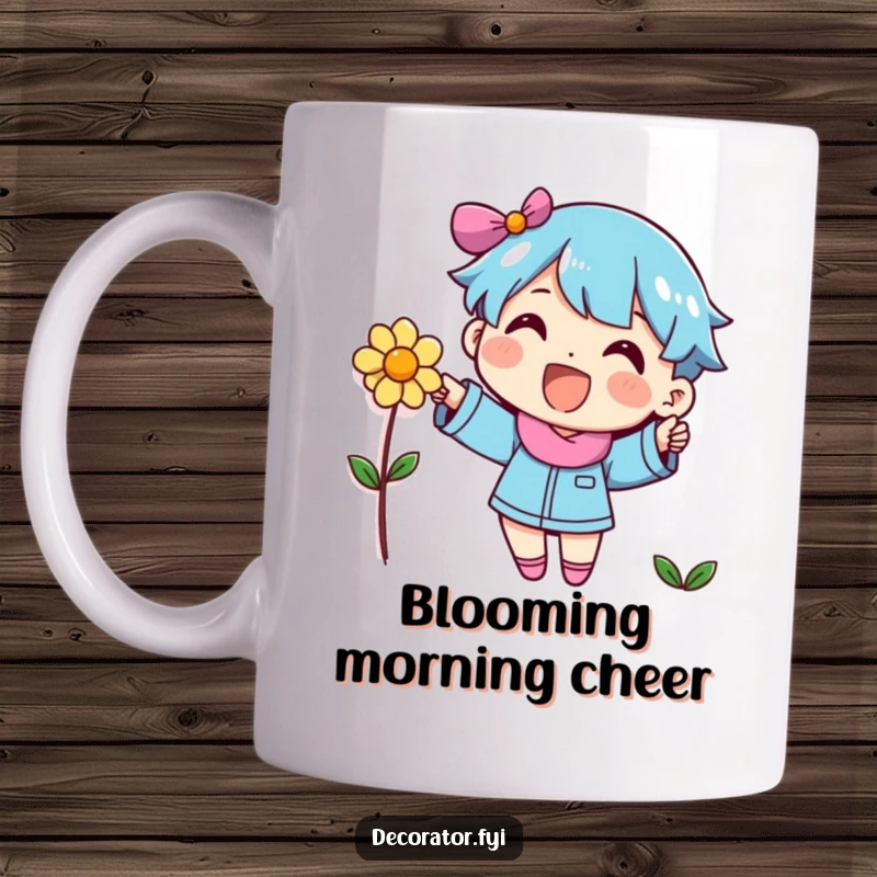 Funny cheerful character happily placing a small, decorative flower onto a plain wall with enthusiasm.