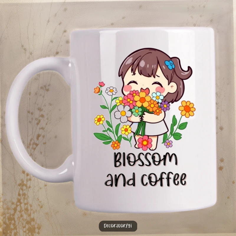 Funny mug featuring a playful character joyfully arranging colorful flowers into a bouquet, celebrating floral artistry.
