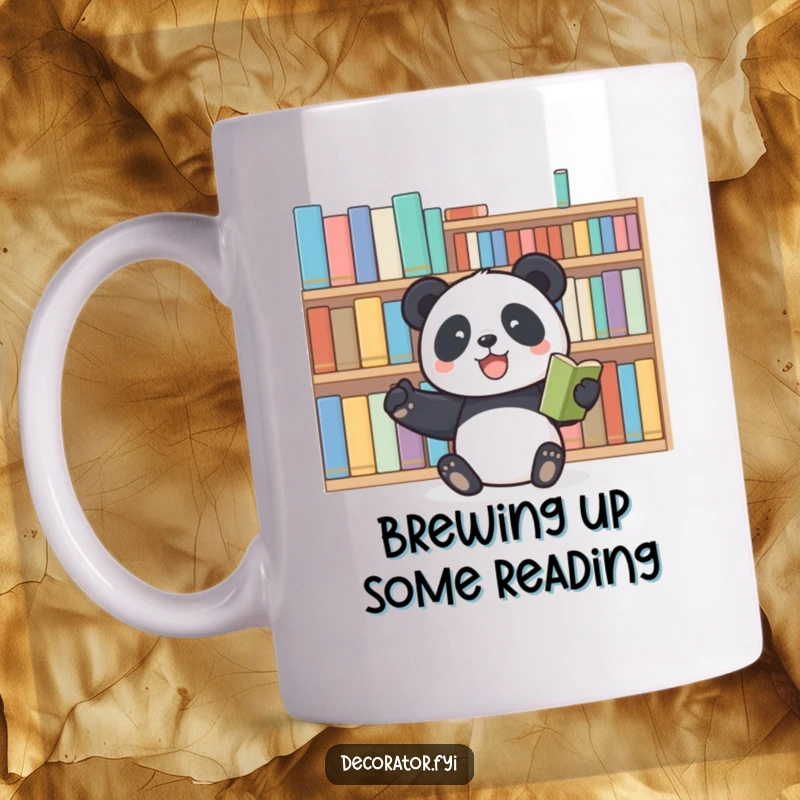 Funny panda mug featuring a joyful panda enthusiastically arranging books on a shelf, celebrating reading and cozy organization.