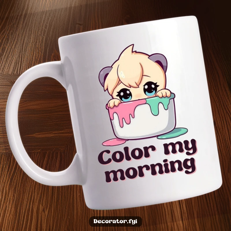 Funny mug showing a curious character with wide eyes peering into a colorful paint pot, evoking wonder.