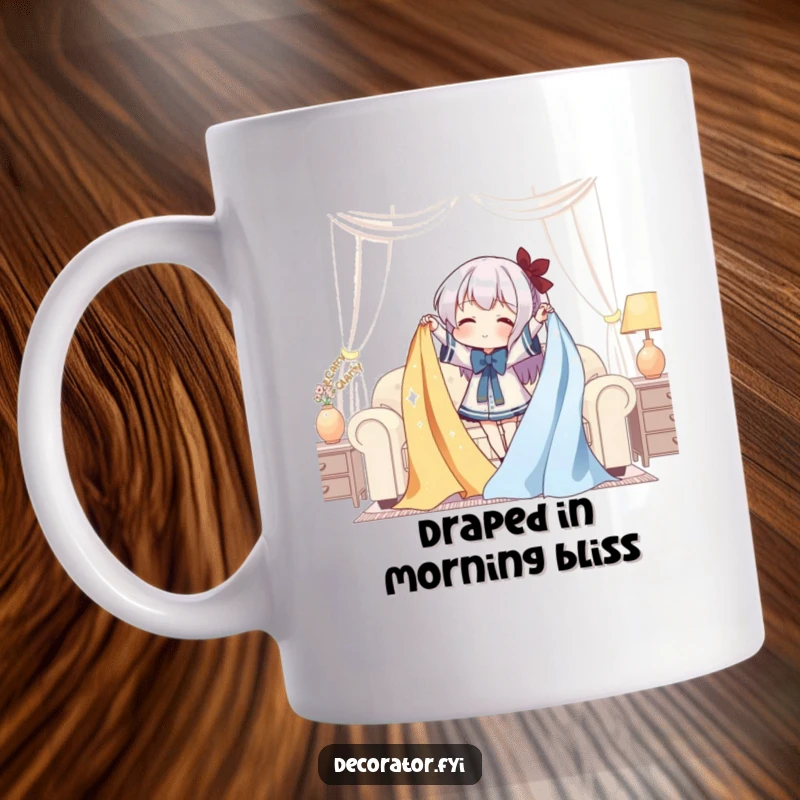 Funny Mug: A character gleefully drapes shimmering fabric over furniture with a humorous and stylish flair.