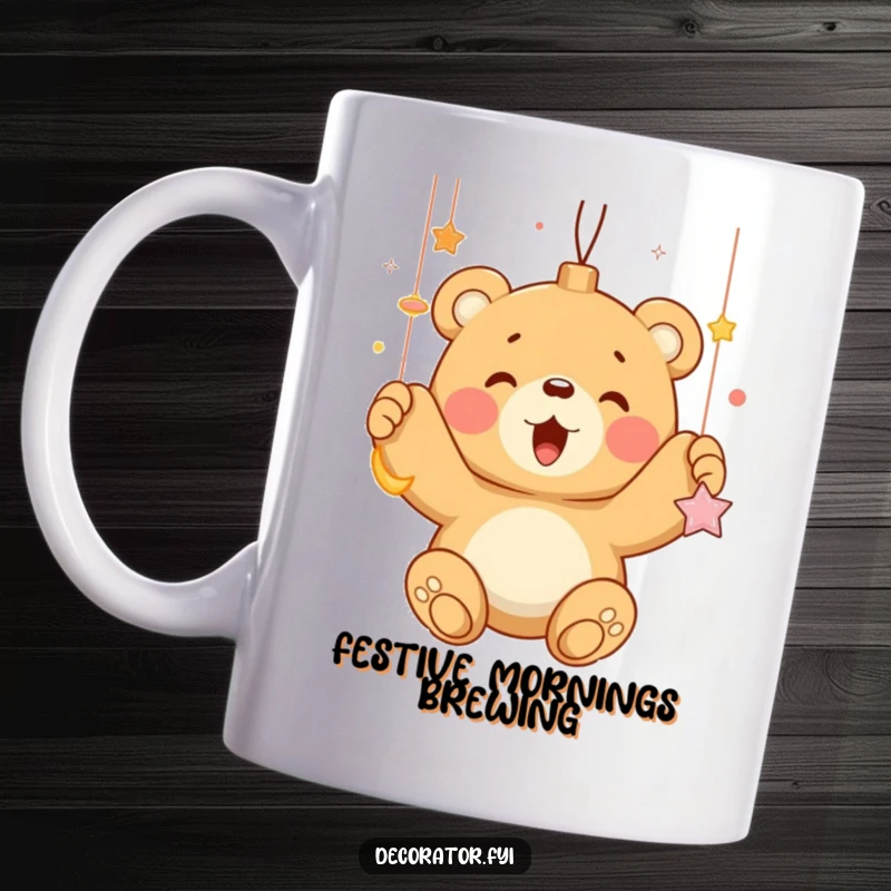 Funny bear cub enthusiastically hanging shiny Christmas ornaments, depicted on a high-quality mug.