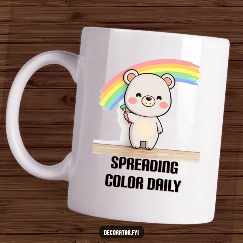 Funny happy bear character smiling while painting a bright rainbow across a blank wall, symbolizing joy and art for a mug.