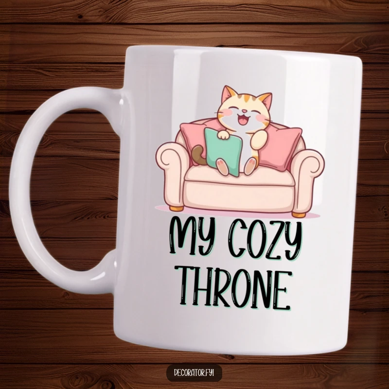 Funny mug showing a cat with great glee arranging sofa cushions, a humorous take on home decorating and pet antics.