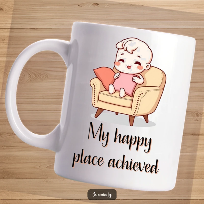 Funny Mug: A beaming character meticulously places cushions on a stylish armchair, embodying home decor joy and creating a whimsical scene.