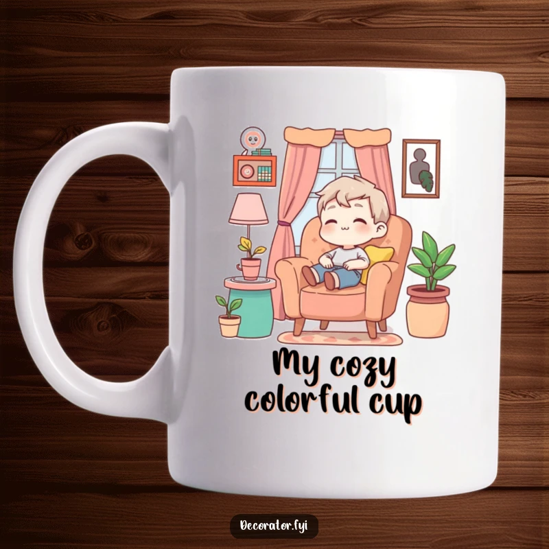 Funny Mug depicting a content character blissfully relaxing in a plush armchair surrounded by vibrant, colorful decor.