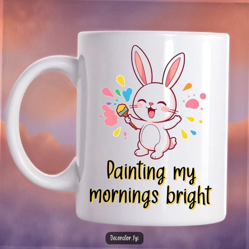 Funny mug shows a cute bunny character excitedly applying vibrant, colorful paint to a wall with a paintbrush.