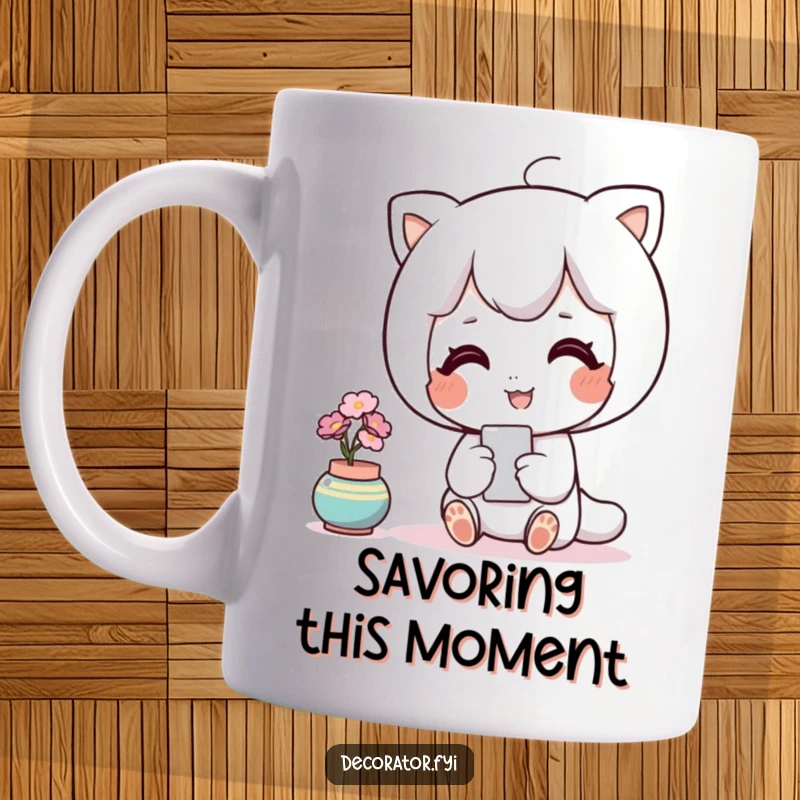 Funny decor mug with a contented character happily admiring a perfectly placed accent piece, showing satisfaction.