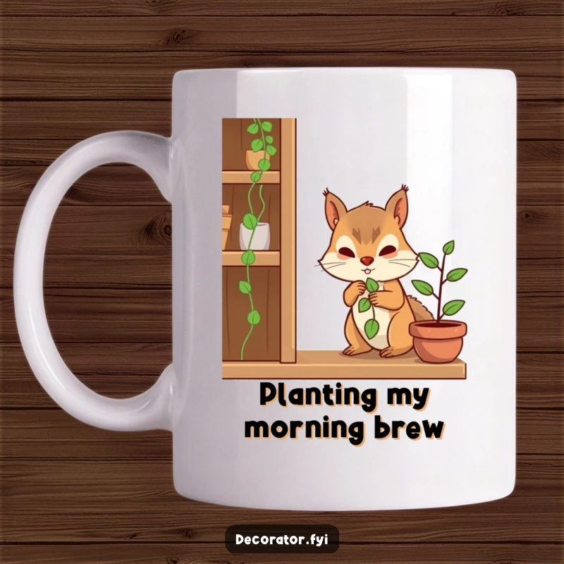 Funny mug featuring a determined squirrel character carefully placing a tiny plant on a shelf, showcasing nurturing focus.