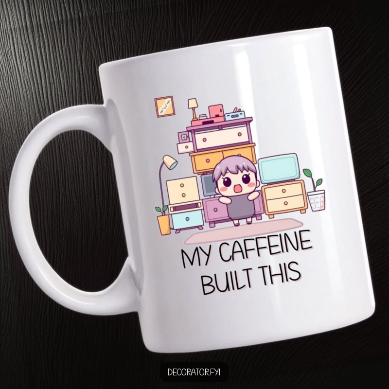 Funny mug features a surprised character staring at a perfectly stacked arrangement of furniture, highlighting minimalist humor.