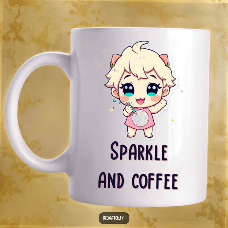Funny mug featuring a cheerful character enthusiastically applying glitter to a festive design, spreading joy and sparkle.