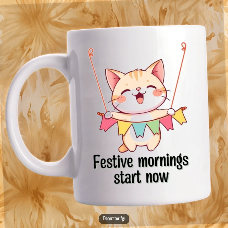 Funny mug shows a happy cat character gleefully hanging a colorful festive banner with a joyful and celebratory expression.