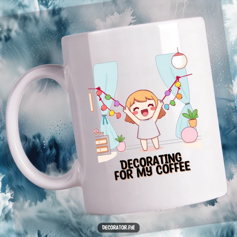 Funny Mug featuring a happy character enthusiastically hanging a colorful garland across a room with a cheerful expression.