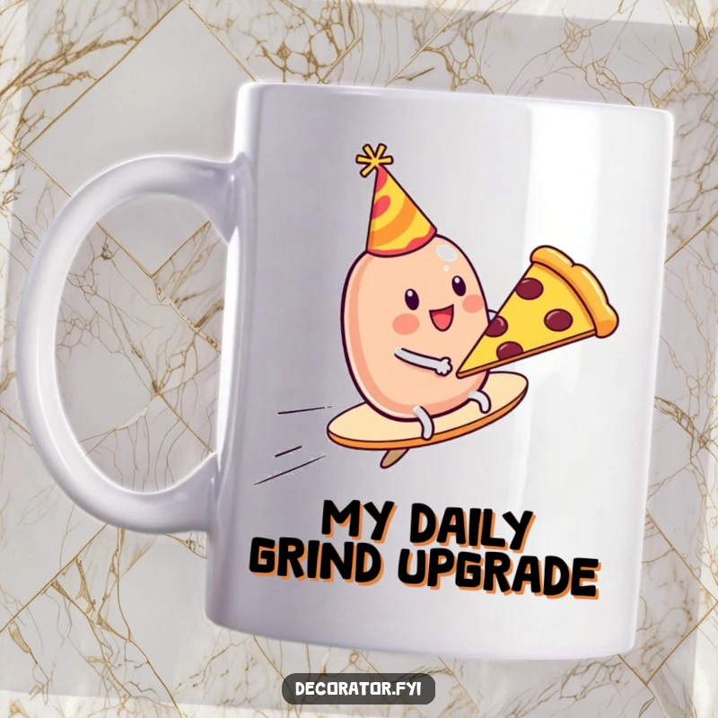Funny Mug: Wobbly jelly bean in party hat joyfully riding a flying pizza slice, embracing pure, unadulterated fun.