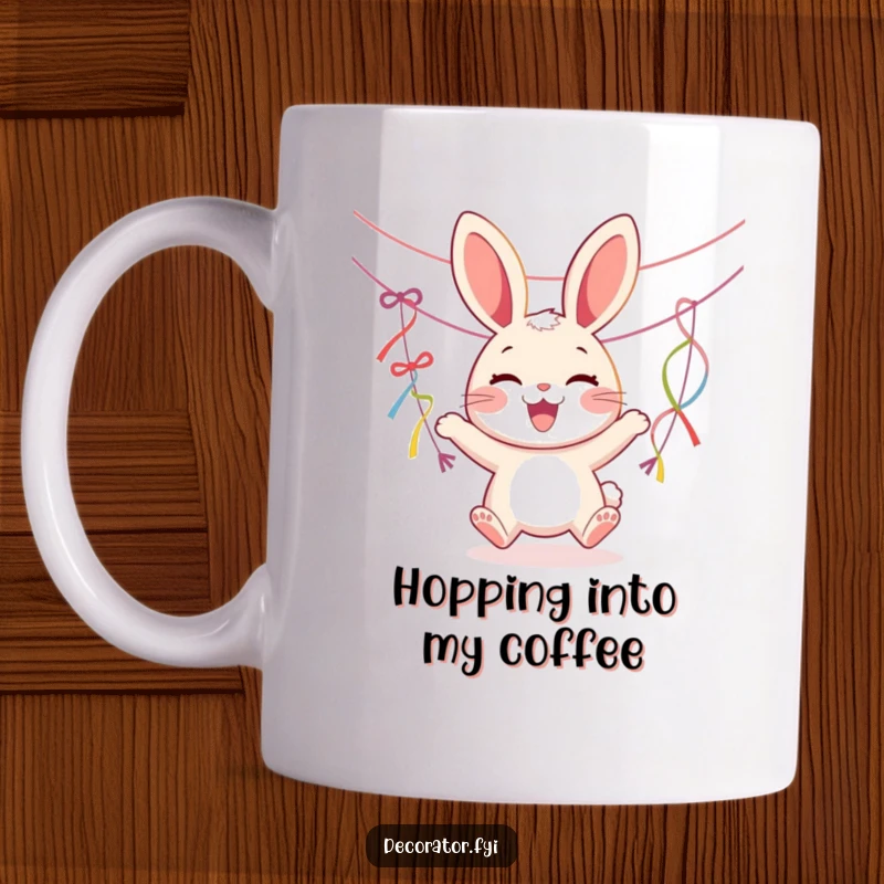 Funny mug with a joyous rabbit character energetically hanging colorful streamers with a happy bounce, perfect for celebrations.