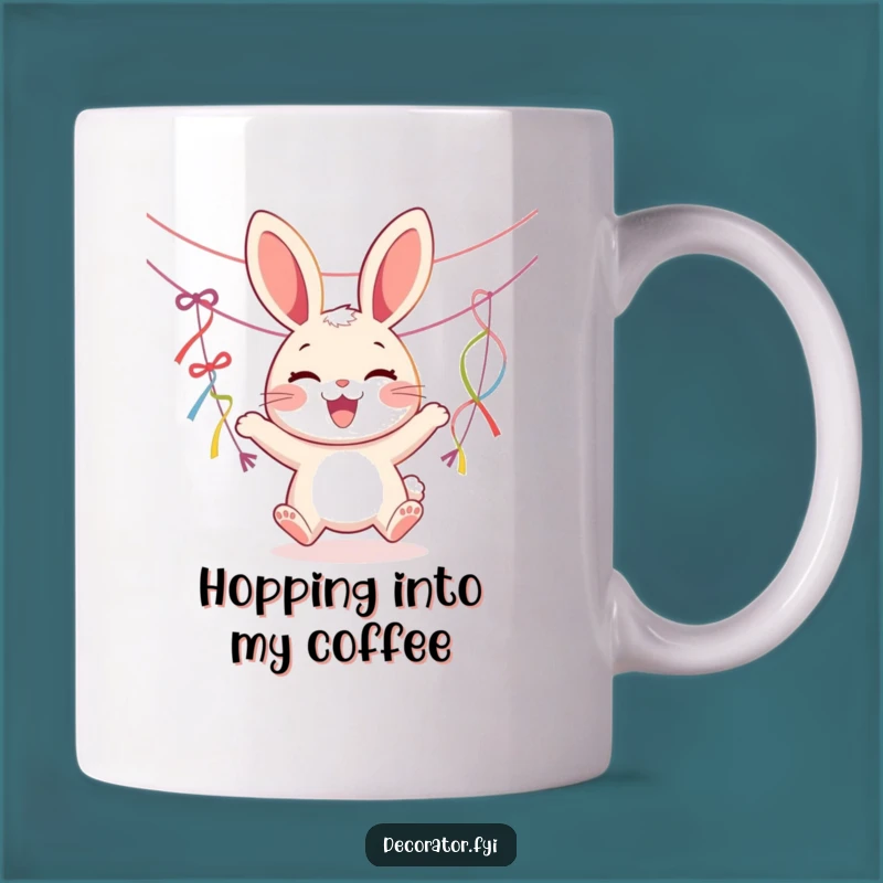 Funny Joyous Rabbit Streamers Mug: Cheerful Cartoon Gift for Party Lovers