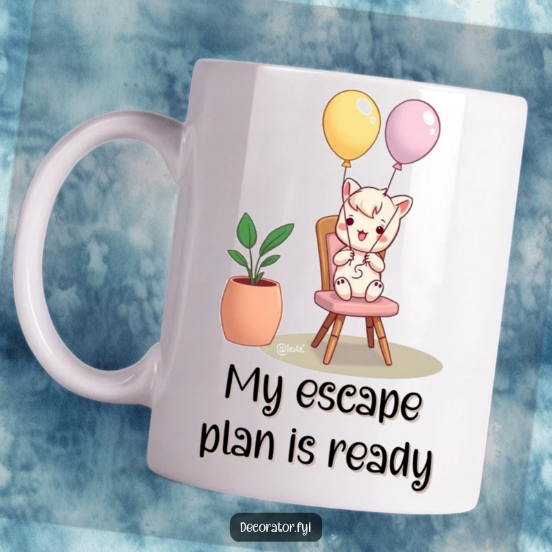 Funny mug featuring a mischievous character tying balloons to a chair, ready for hilarious hijinks and playful surprises.