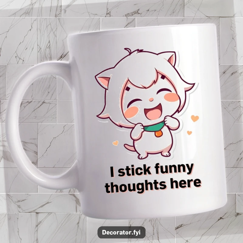 Funny Mug featuring a mischievous character giggling uncontrollably while playfully placing a humorous sticker on an unseen surface.