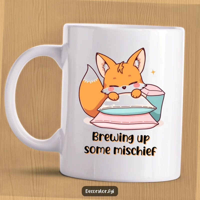 Funny mug featuring a mischievous fox character playfully arranging a pile of cushions and winking, exuding sly humor.