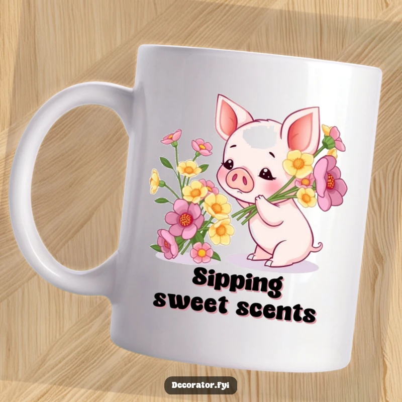 Funny mug showing a cute piglet admiring a fresh, colorful bouquet of flowers with pure delight and gentle appreciation.